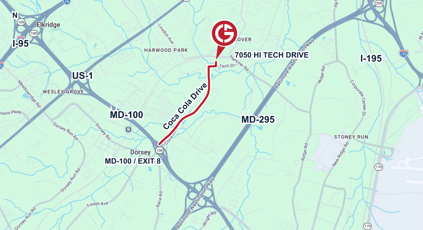 Local access map showing 7050 Hi Tech Drive and the route from MD-100 Exit 8 via Coca Cola Drive