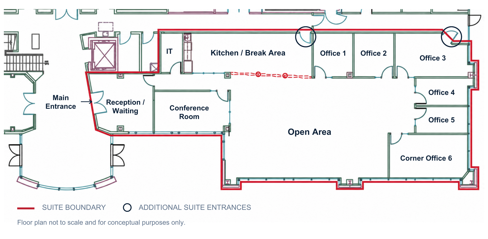 Suite 101 floor plan with labeled rooms, suite boundary, and entrances