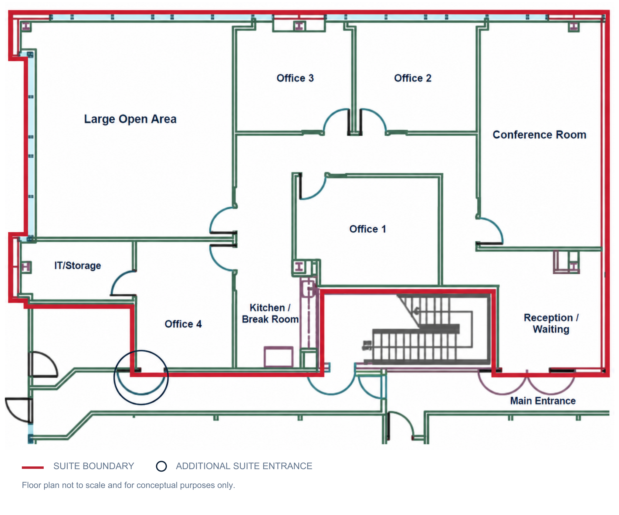 Suite 104 floor plan with labeled rooms, suite boundary, and entrances